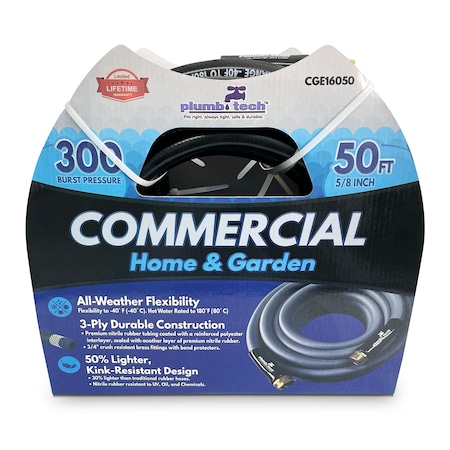 Plumb Tech 5/8 in ID x 50 ft L Water Hose, Nitrile Tube, Black CGE16050